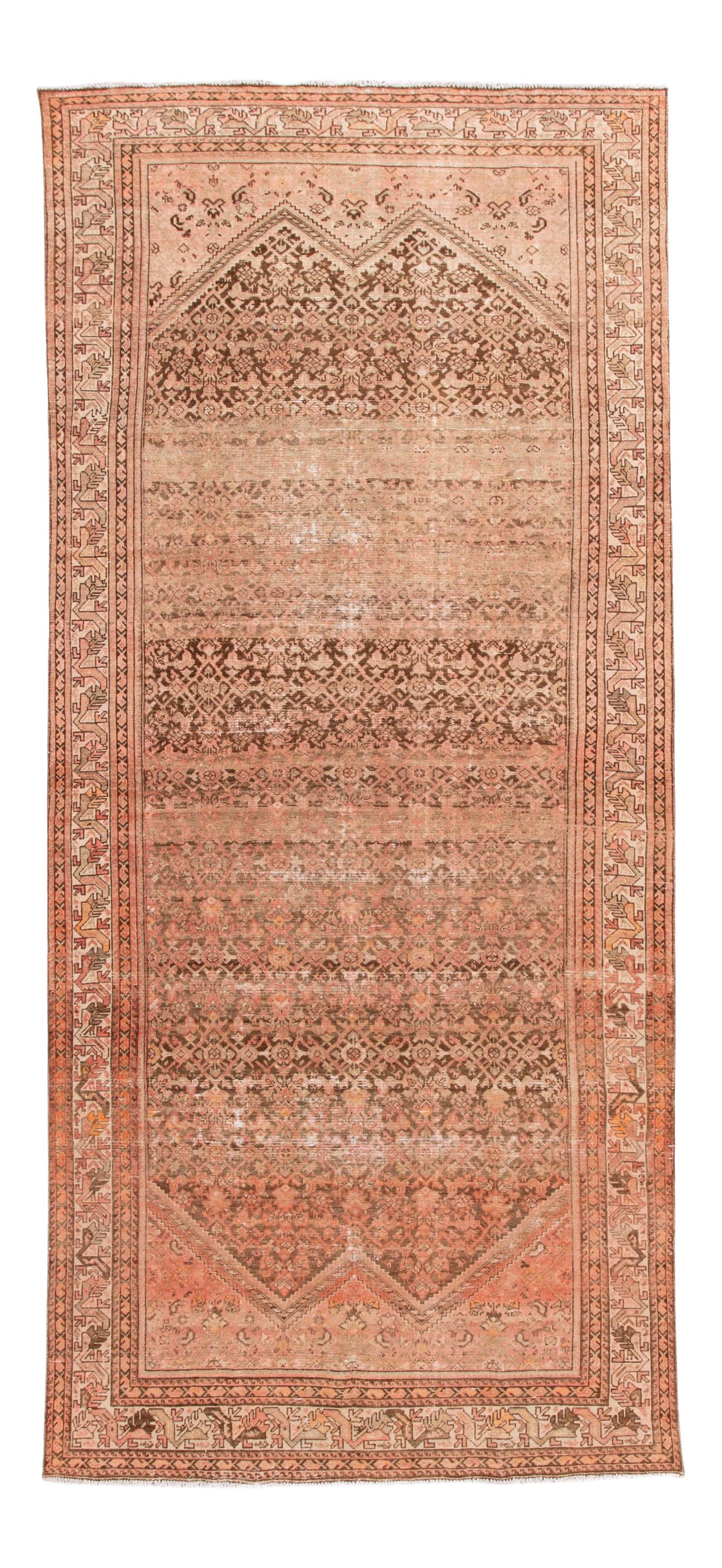 Antique Malayer Handmade Wool Runner Rug 6' x 13'6 Peach Floral Design: Antique Malayer Handmade Wool Runner Rug 6' x 13'6 Peach Floral Design This exquisite antique Malayer runner showcases a stunning peach field adorned with a beautiful geometric floral design in ivory 