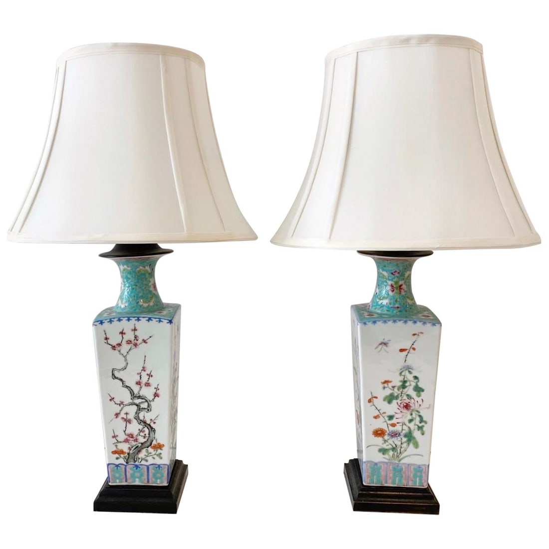 Elegant Pair of Chinese Export Famille-Verte Vases Converted to Lamps: Elegant Pair of Chinese Export Famille-Verte Vases Converted to Lamps This exquisite pair of Chinese Export turquoise and white Famille-Verte floral vases have been converted into elegant lamps. Each 
