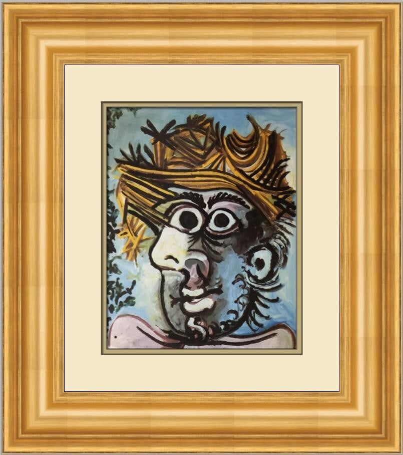 Pablo Picasso Head of a Man with Straw Hat Custom Framed Art Print: Pablo Picasso Head of a Man with Straw Hat Custom Framed Art Print This exquisite custom framed print features Pablo Picasso's iconic work, "Head of a Man with a Straw Hat." Measuring 21 in. x 19 in.,