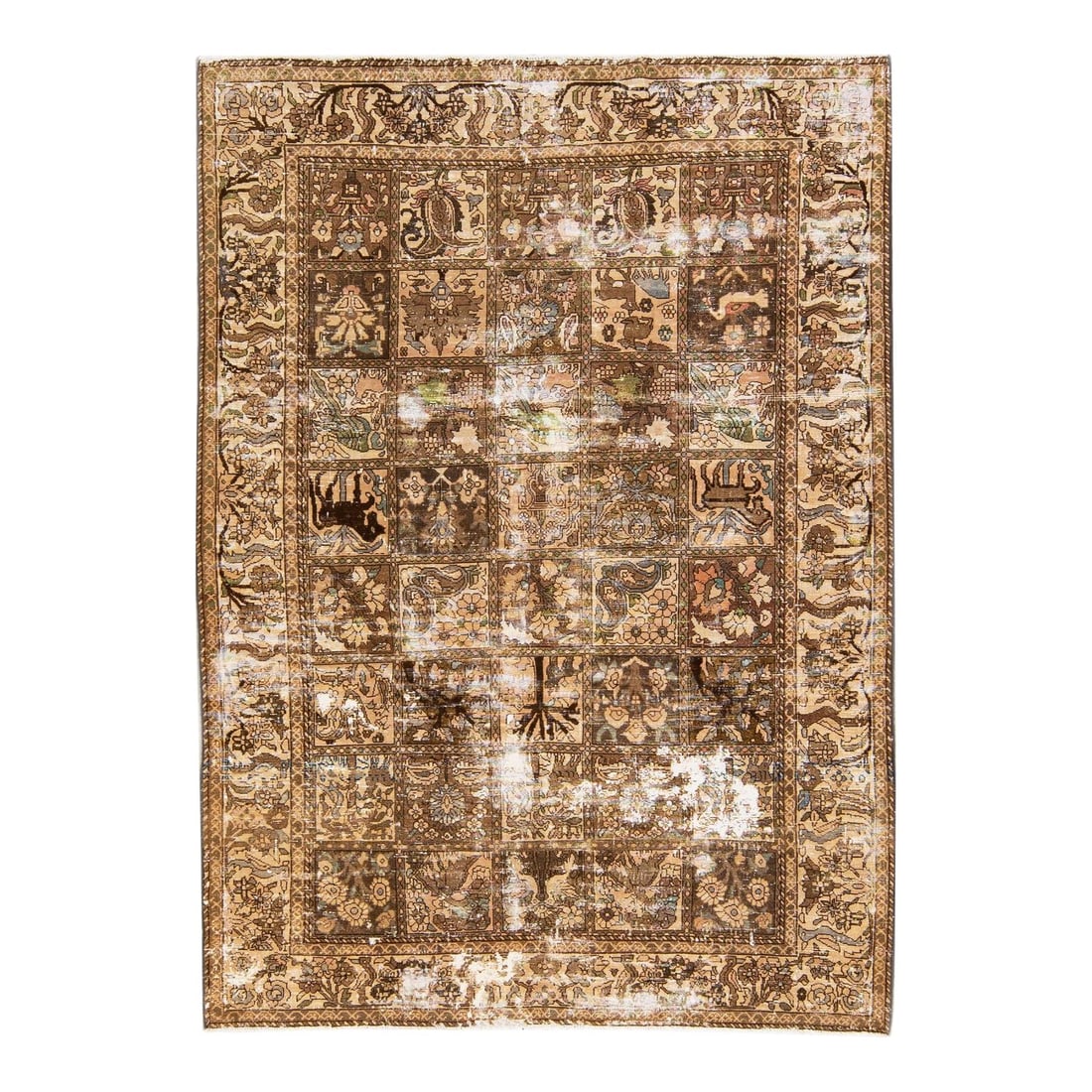 1960s Vintage Distressed Handmade Beige Wool Rug 7'2" x 9'11": 1960s Vintage Distressed Handmade Beige Wool Rug 7'2" x 9'11" This exquisite vintage hand-knotted wool rug from the 1960s features a beautiful beige field adorned with a geometric floral design, highl