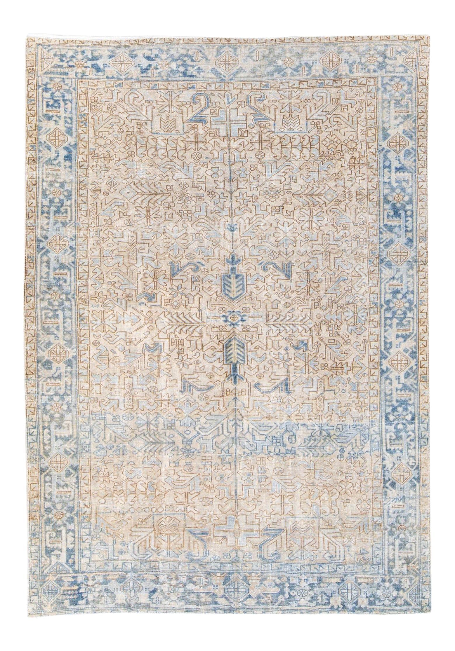 Antique Heriz Handmade Wool Rug Beige Blue Geometric 7'8 x 10'8: Antique Heriz Handmade Wool Rug Beige Blue Geometric 7'8 x 10'8 This exquisite antique Heriz rug features a stunning hand-knotted construction with a beige field complemented by a blue frame. The trad