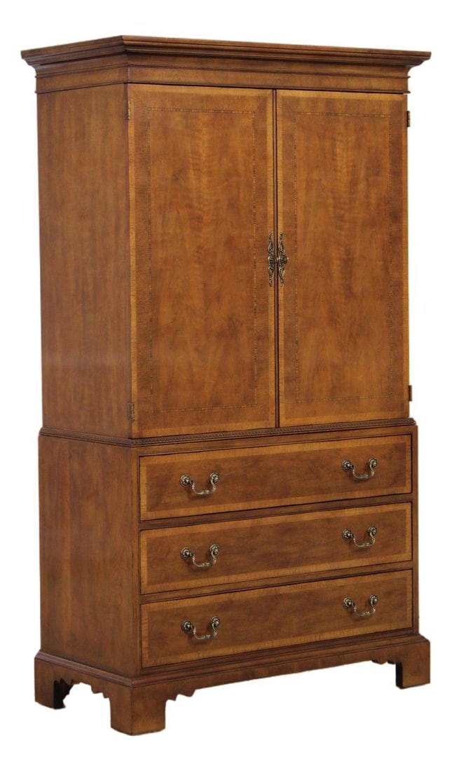 Aston Court Walnut Armoire with Inlay and Three Drawers: Aston Court Walnut Armoire with Inlay and Three Drawers This Henredon Aston Court wardrobe armoire cabinet features a traditional design with rich inlay work and a high sheen finish. Crafted from waln