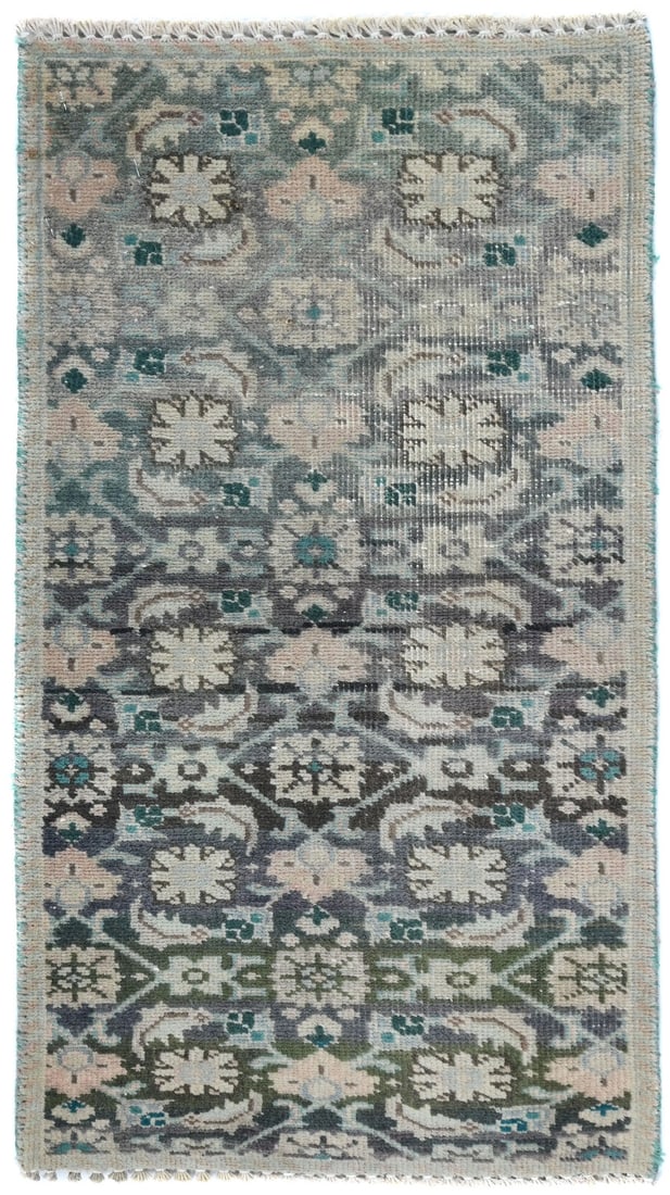 Vintage Hand-Knotted Wool Rug 1'3 x 2'3 Floral Design: Vintage Hand-Knotted Wool Rug 1'3 x 2'3 Floral Design Discover the charm of this semi-antique hand-knotted rug featuring a muted blue floral design. This rectangular area rug, measuring 1'3" x 2'3", i