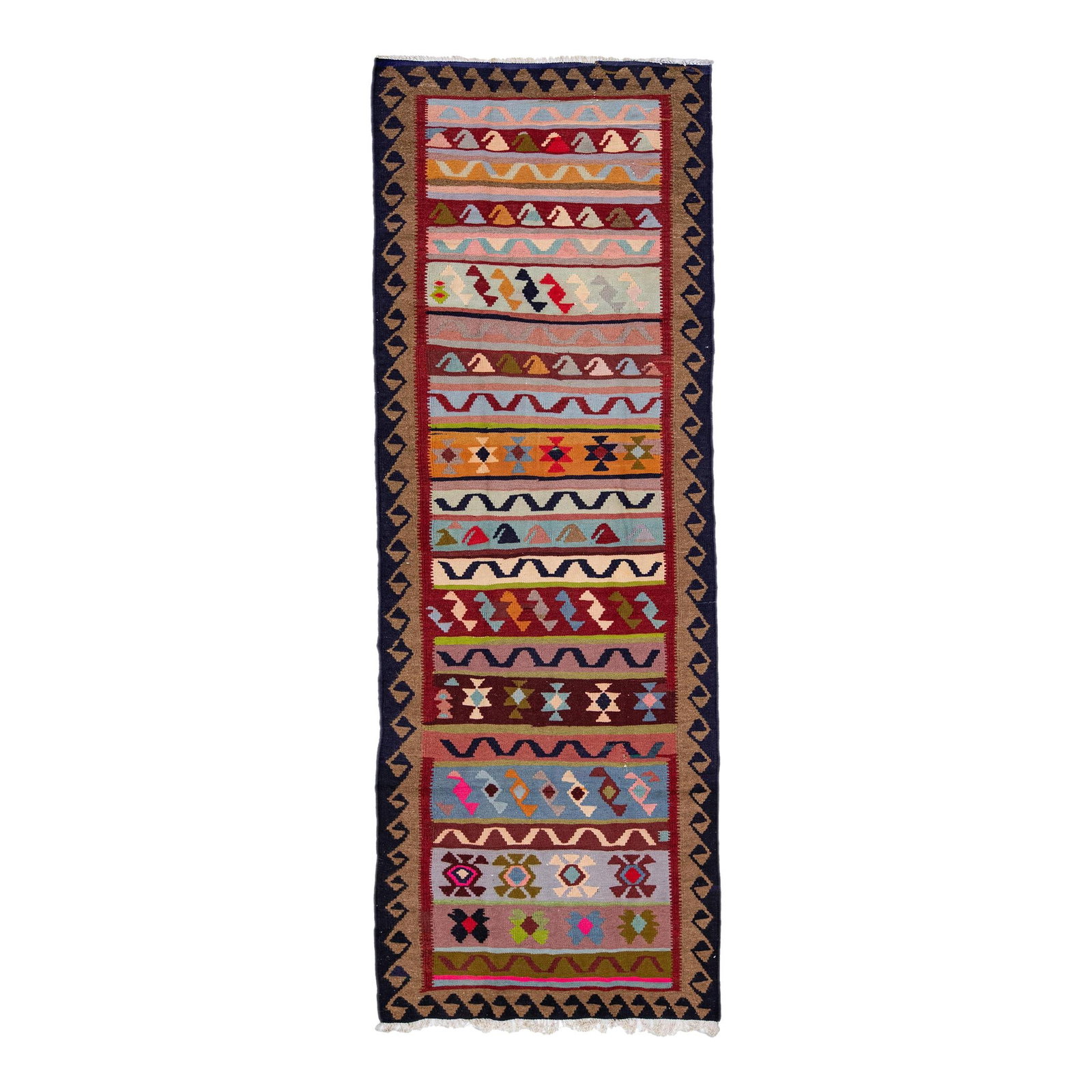 Mid-Century Turkish Kilim Wool Runner Red Multicolor Tribal Design 3'9 x 10'9: Mid-Century Turkish Kilim Wool Runner Red Multicolor Tribal Design 3'9 x 10'9 Add a touch of vintage charm to your space with this stunning Mid-20th Century Turkish Kilim runner. Hand-knotted from hig