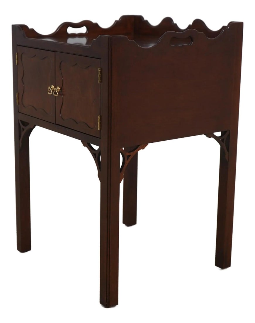 Georgian Design Mahogany Nightstand with Brass Hardware by Stickley: Georgian Design Mahogany Nightstand with Brass Hardware by Stickley This bedside nightstand features a classic Chippendale style inspired by Georgian design, crafted from high-quality mahogany with a 