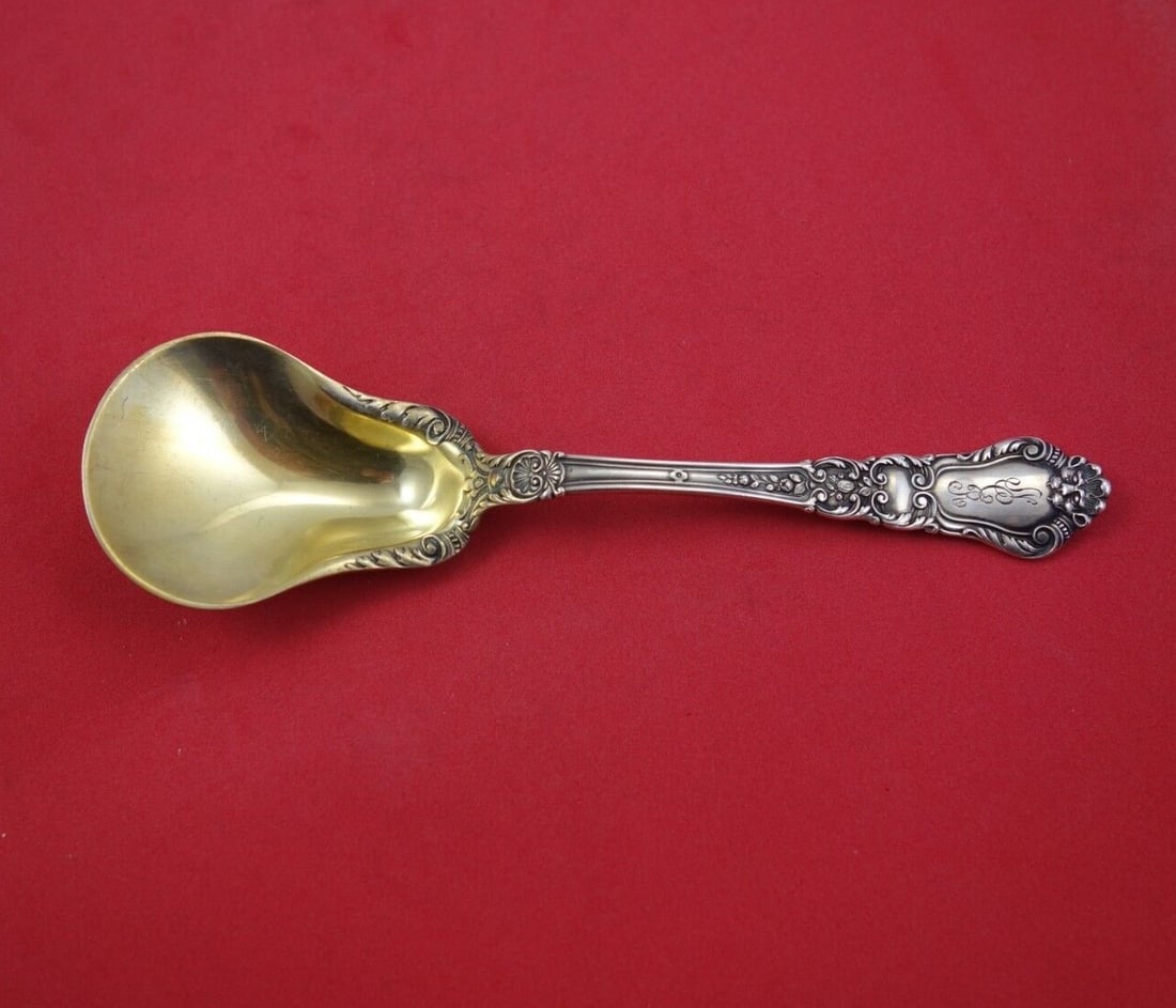 Gorham Baronial Old 6 Inch Sterling Silver Sugar Spoon Gold Washed: Gorham Baronial Old 6 Inch Sterling Silver Sugar Spoon Gold Washed This exquisite 6" sugar spoon from the Baronial Old pattern by Gorham is crafted from high-quality sterling silver with a gold wash f