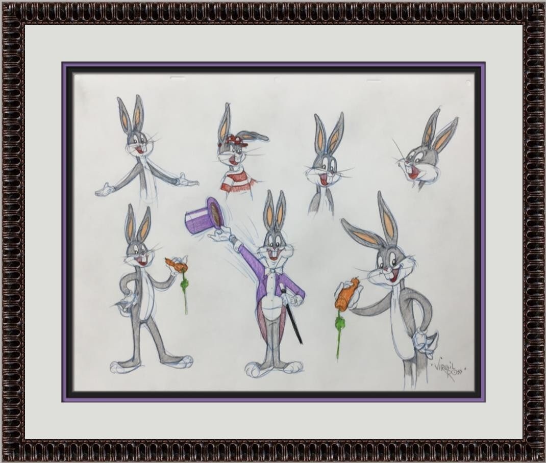 Virgil Ross Signed Bugs Bunny Model Sheet Custom Framed Artwork: Virgil Ross Signed Bugs Bunny Model Sheet Custom Framed Artwork This original model sheet drawing features the iconic character Bugs Bunny, illustrated by legendary animator Virgil Ross. The artwork i