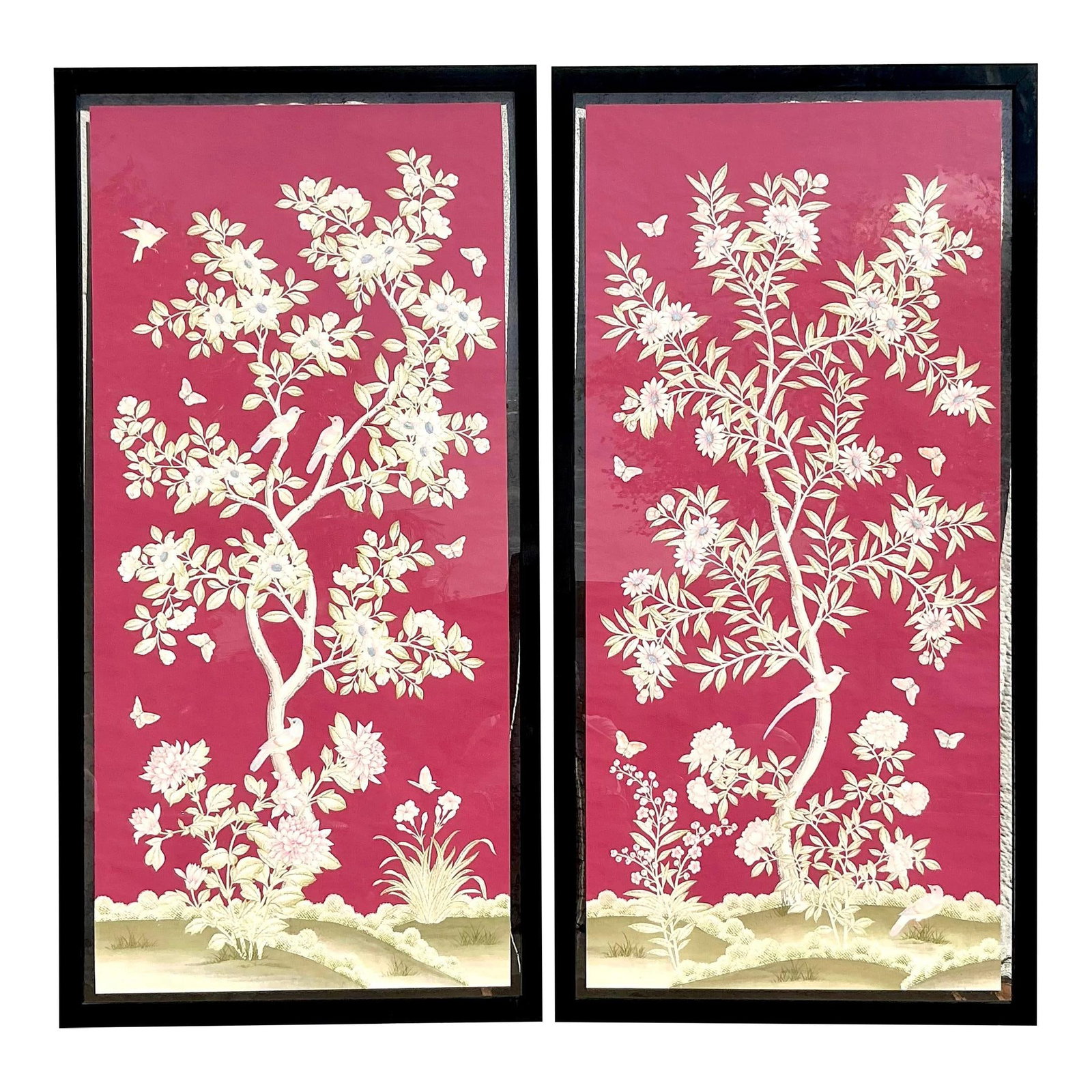 Vintage Gracie Chinoiserie Paper Panels Pair in Black Lacquer: Vintage Gracie Chinoiserie Paper Panels Pair in Black Lacquer Enhance your home decor with this stunning pair of vintage Gracie-style paper panels, elegantly framed in a sleek black lacquer. These chi