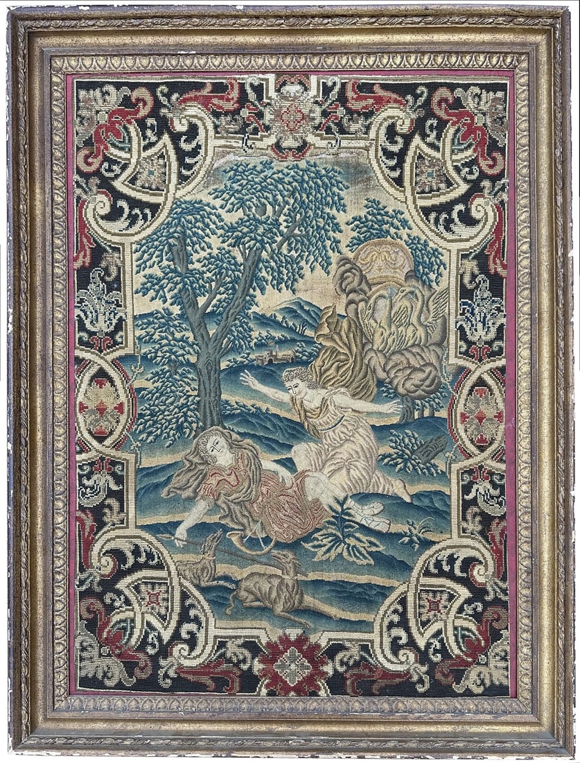 Framed French Wool Silk Needlepoint Hunting Scene Tapestry 82cmx104cm (1 of 10)