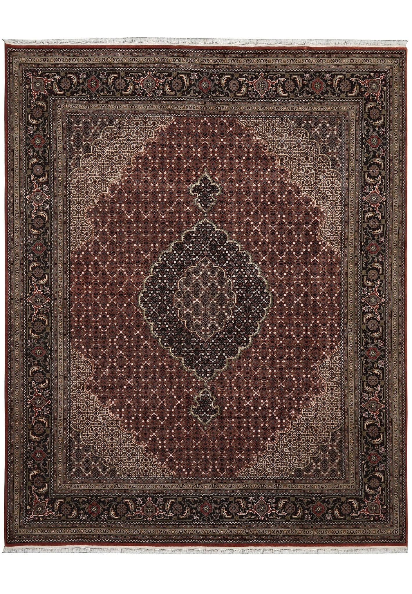 8 x 10 Persian Tabriz Mahi Hand-Knotted Wool and Silk Rug: 8 x 10 Persian Tabriz Mahi Hand-Knotted Wool and Silk Rug Free continental US Shipping This 8 x 10 Persian traditional hand-knotted rug features a blend of premium wool and silk for a luxurious textur