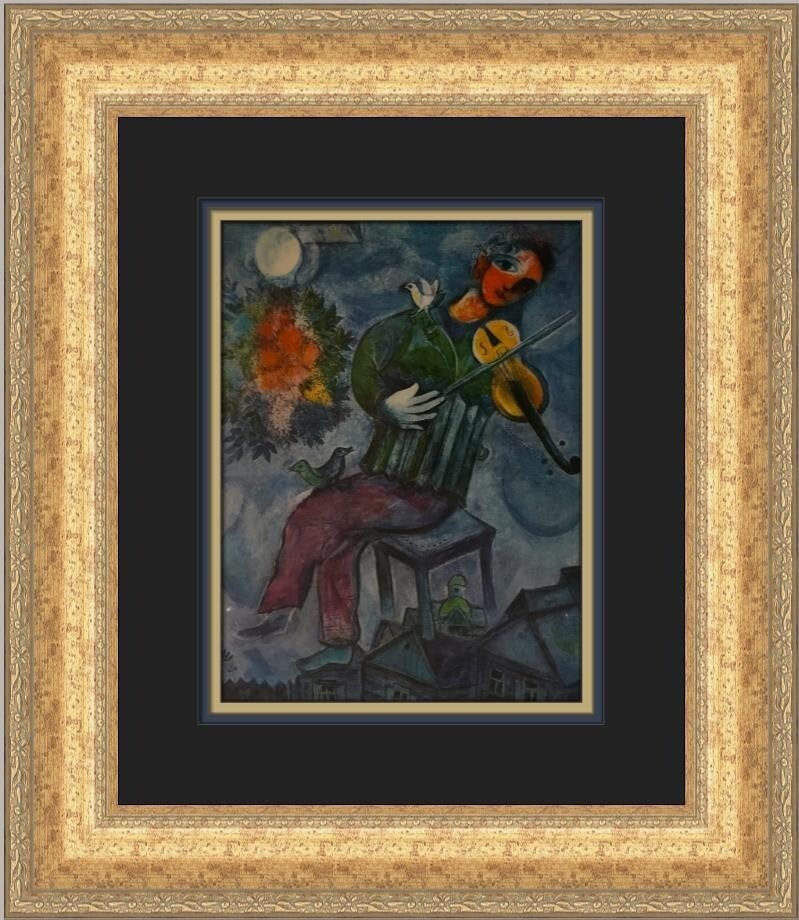 Marc Chagall The Blue Violinist Custom Framed Art Print 1978: Marc Chagall The Blue Violinist Custom Framed Art Print 1978 This custom framed print titled 'The Blue Violinist' by renowned artist Marc Chagall showcases a beautiful blend of Expressionism and Impre