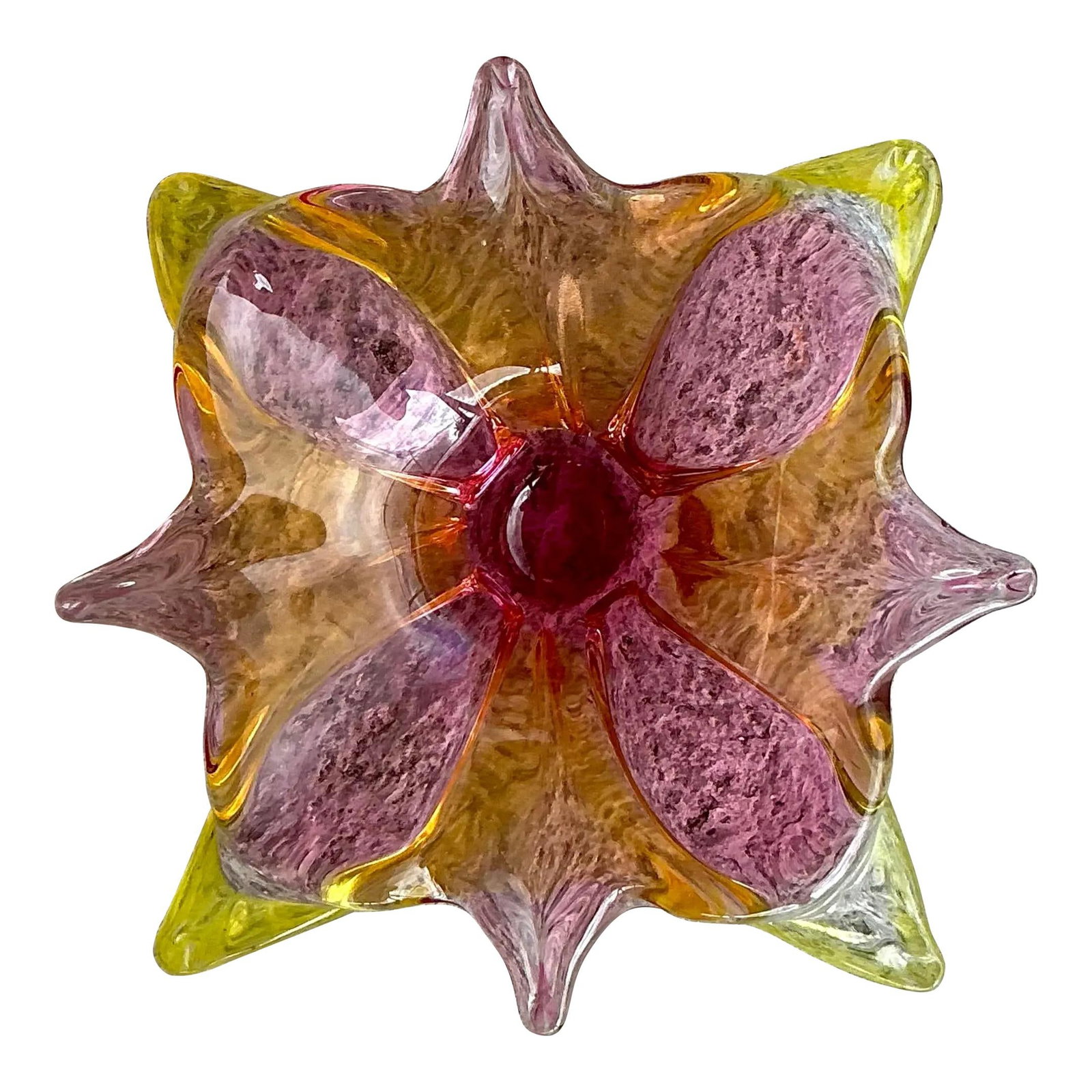 Vintage Murano-Inspired Art Glass Bowl in Pink Amber Yellow: Vintage Murano-Inspired Art Glass Bowl in Pink Amber Yellow This vintage Italian art glass bowl draws inspiration from the esteemed Murano glassmaking tradition, showcasing exquisite craftsmanship and
