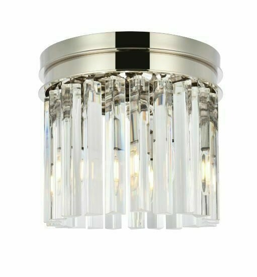 Sydney 3 Light Crystal Flush Mount Polished Nickel 12 in: Sydney 3 Light Crystal Flush Mount Polished Nickel 12 in Contemporary 3-light crystal flush mount chandelier with a polished nickel finish and clear Royal Cut crystals. It is hardwired for indoor inst