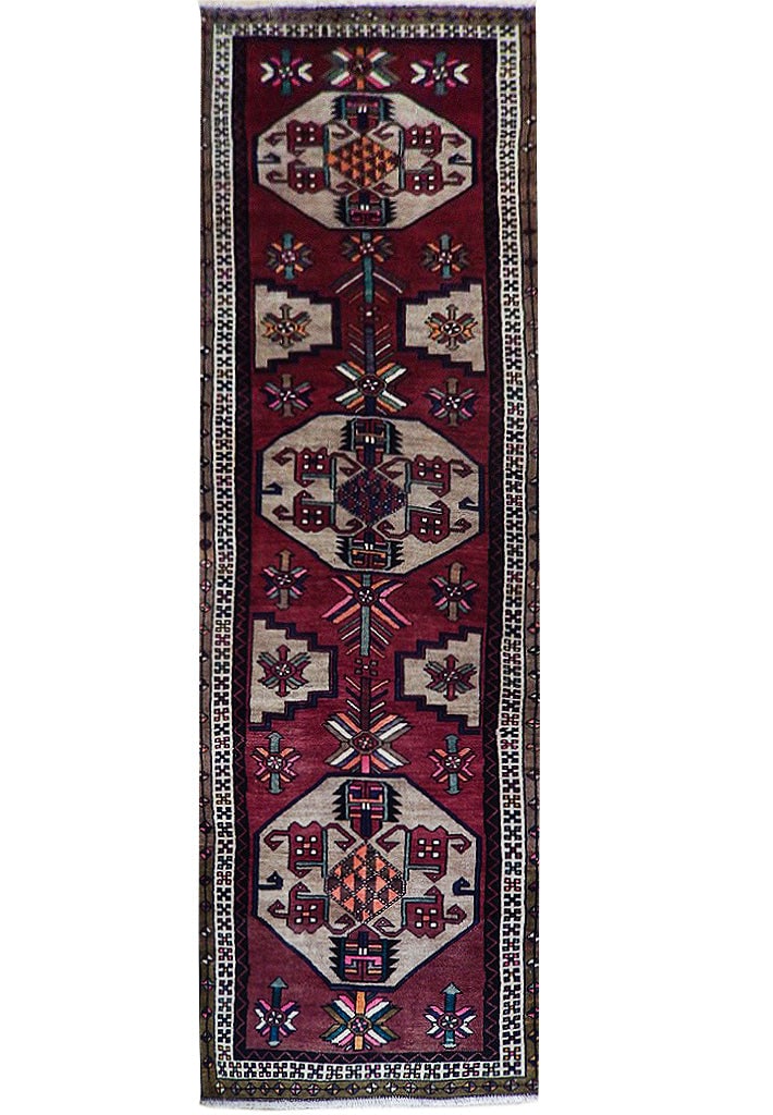 Hand-Knotted 3'6 x 13' Maroon Semi-Antique Russian Kazak Runner Rug (1 of 7)