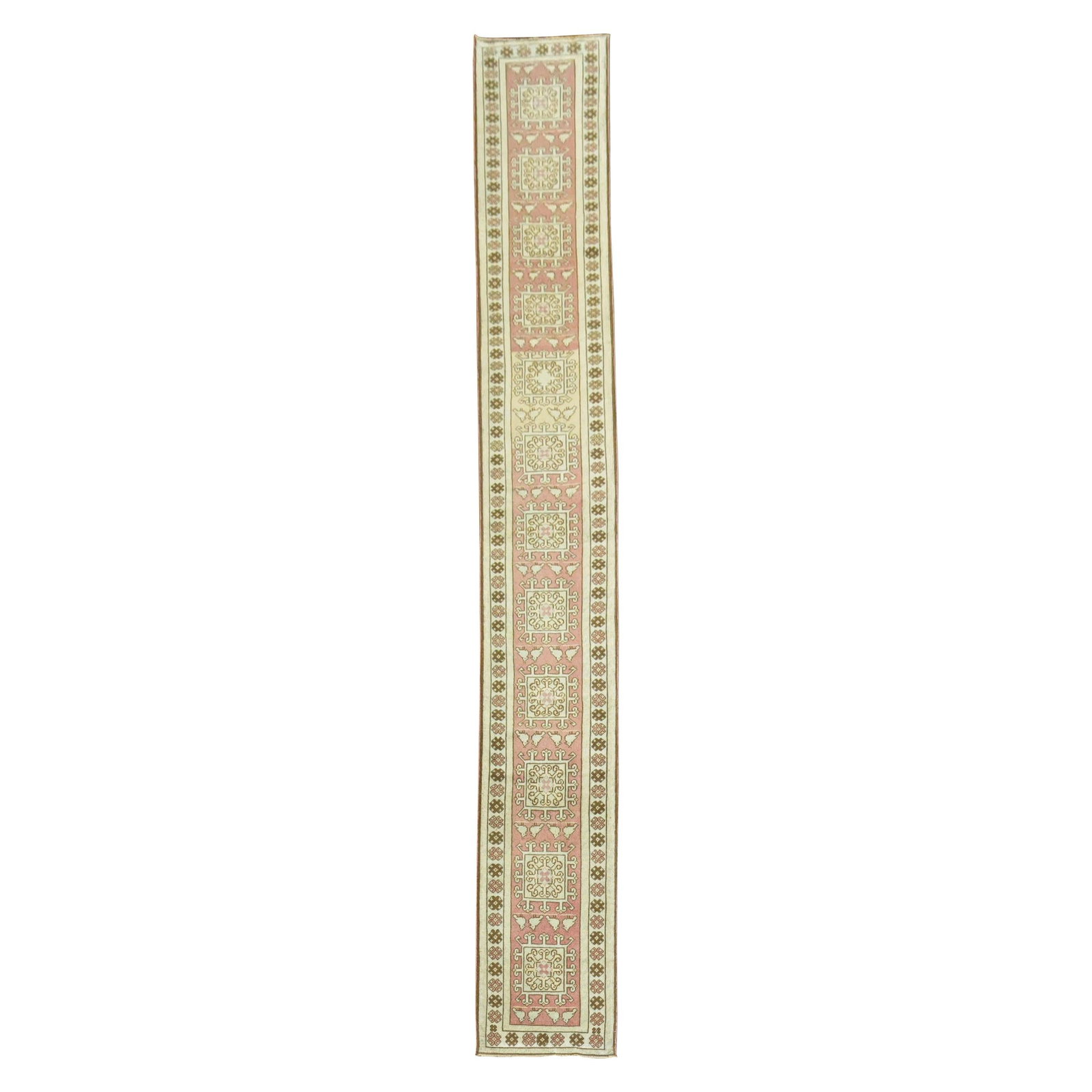 Mid Century Turkish Wool Hand Woven Runner 23 x 169 in: Mid Century Turkish Wool Hand Woven Runner 23 x 169 in This mid-20th century Turkish Anatolian runner features a narrow and elongated design in a predominant soft pink hue. Hand-woven from wool, its M