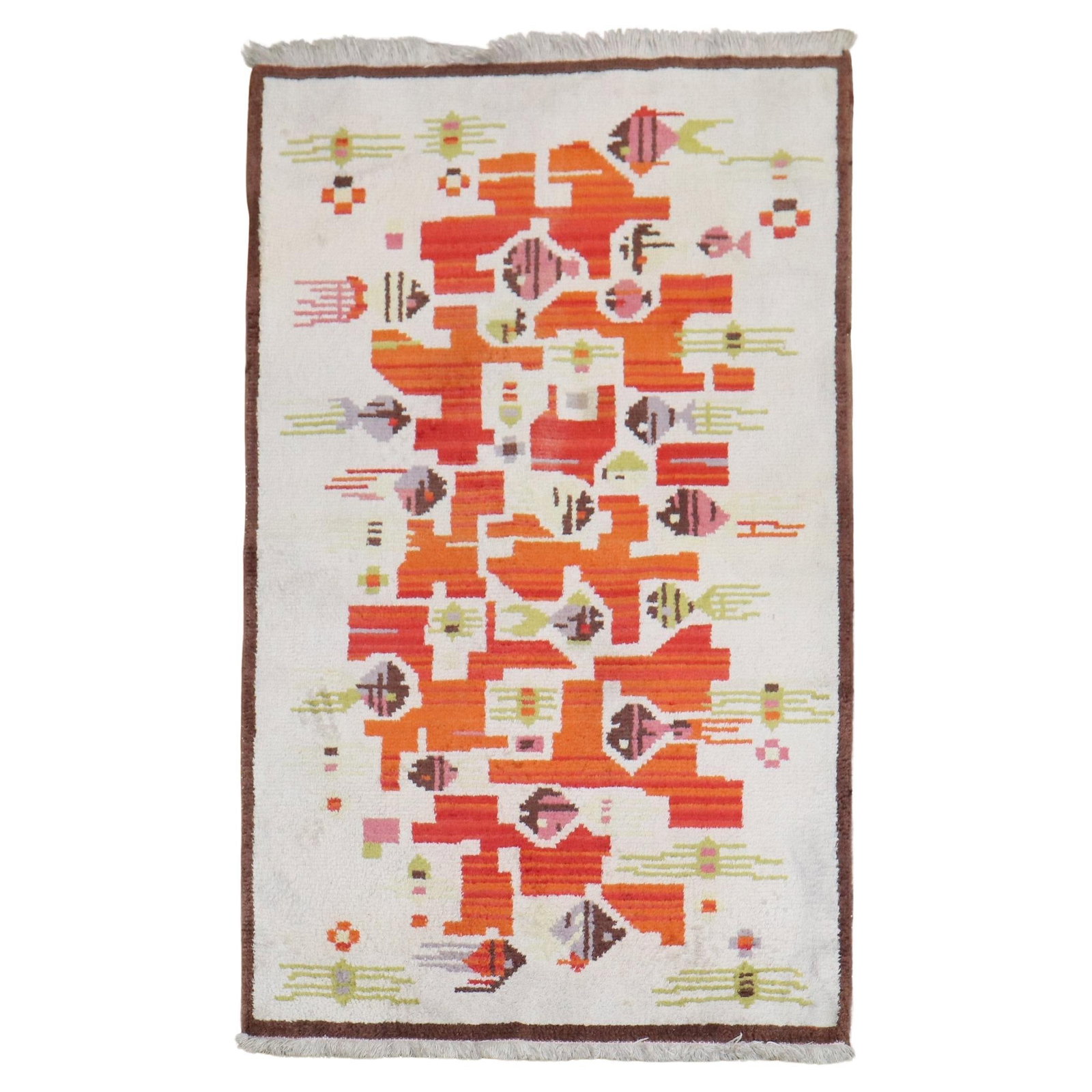 Mid-Century Wool Tibetan Scatter Rug Abstract Ivory Field 3' x 4' 11": Mid-Century Wool Tibetan Scatter Rug Abstract Ivory Field 3' x 4' 11" This Tibetan scatter rug features an abstract pattern on an ivory field, crafted using hand-knotted wool. Reflecting a Mid-Century