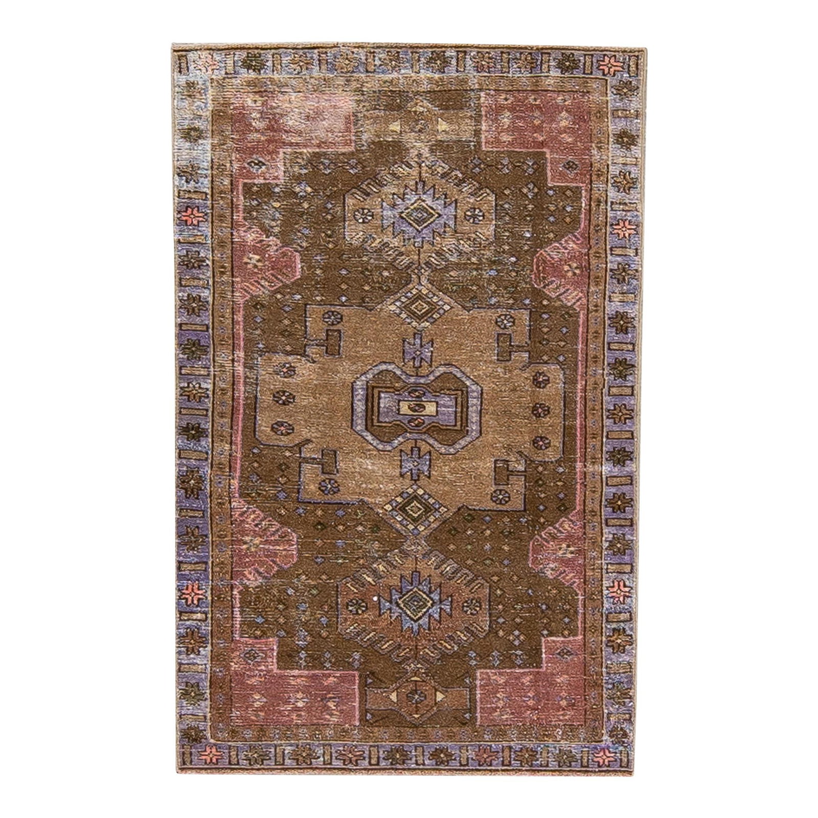 1960s Vintage Persian Hand-Knotted Wool Rug Brown Geometric Design: 1960s Vintage Persian Hand-Knotted Wool Rug Brown Geometric Design This exquisite vintage Persian rug features a distressed hand-knotted design in a rich brown color field, complemented by navy blue a
