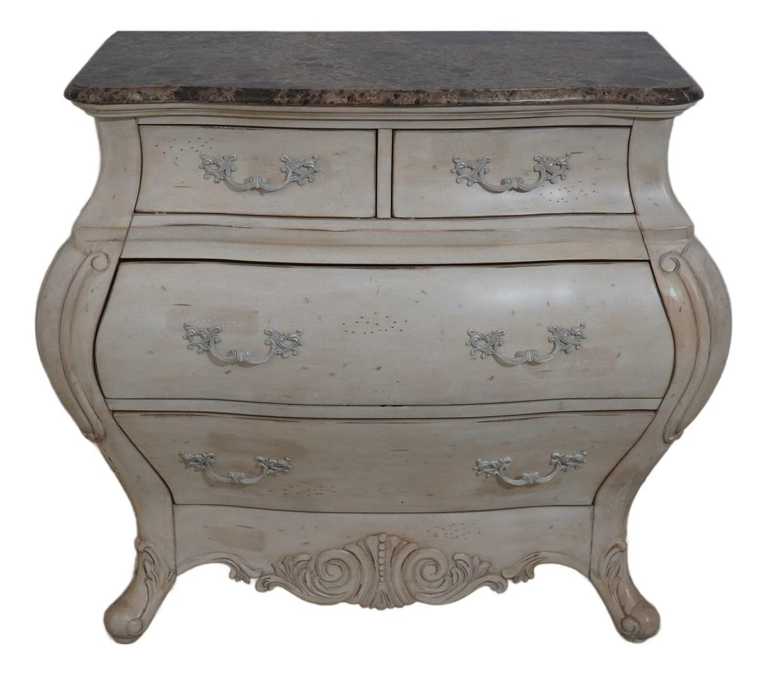 Distressed Off White Marble Top Commode with Carved Details Italian Style: Distressed Off White Marble Top Commode with Carved Details Italian Style This Italian style commode chest features a marble top and an off-white, factory-distressed finish. The piece showcases elegan