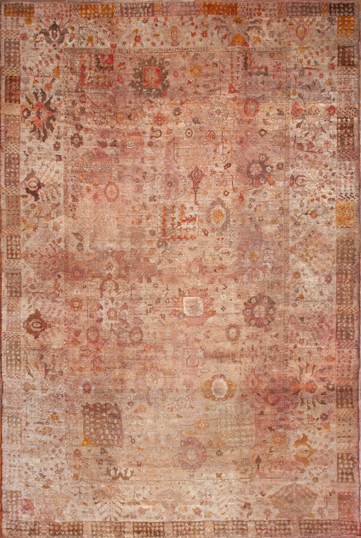 Antique Turkish Oushak Angora Wool Area Rug 10x15 Circa 1870: Antique Turkish Oushak Angora Wool Area Rug 10x15 Circa 1870 This fine authentic antique Turkish Angora Oushak rug, dating to circa 1870, features an allover geometric pattern in a beautifully aged pa