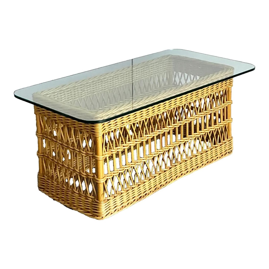 Handwoven Rattan Coffee Table With Glass Top And Trellis Lattice Design: Handwoven Rattan Coffee Table With Glass Top And Trellis Lattice Design This vintage trellis rattan coffee table features a hand-woven lattice base in a warm, natural honey tone, offering organic eleg