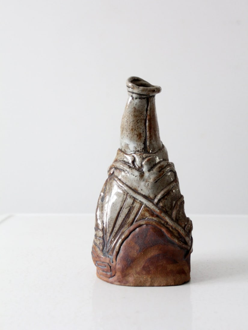 Vintage Signed Free Form Studio Pottery Vase 10.5 Inch Brown Gray Glaze (1 of 9)