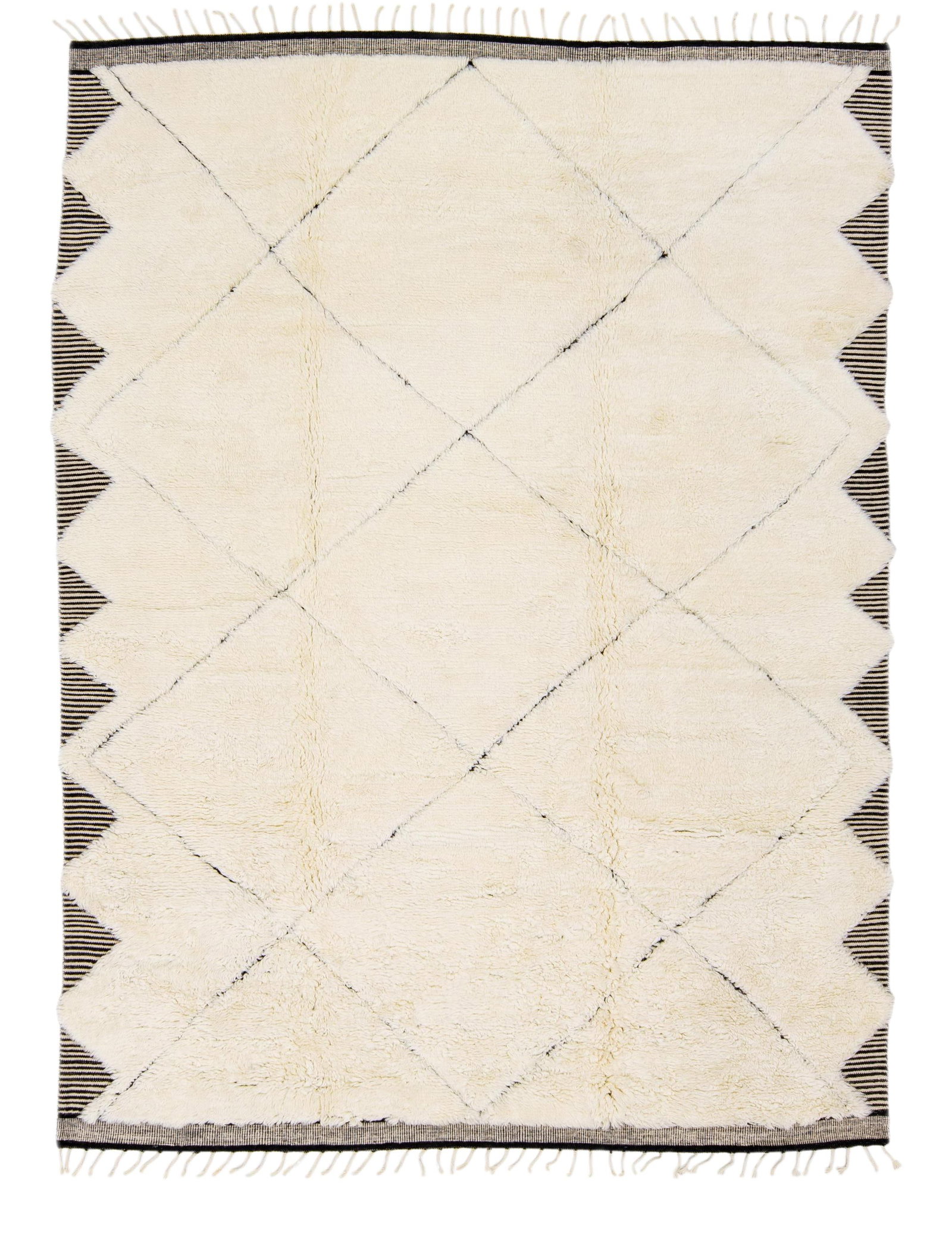 Contemporary White Moroccan Tribal Shag Wool Rug 9'11 x 13'11: Contemporary White Moroccan Tribal Shag Wool Rug 9'11 x 13'11 Enhance your space with this stunning contemporary Moroccan-style hand-knotted wool rug. Featuring a soft ivory field adorned with elegant