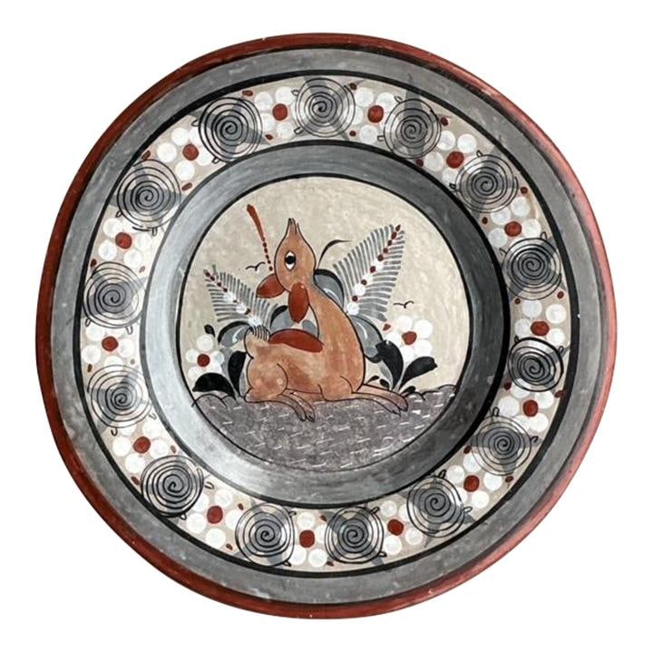 Vintage Boho Hand-Painted Terracotta Plate with Fawn 12" (1 of 4)