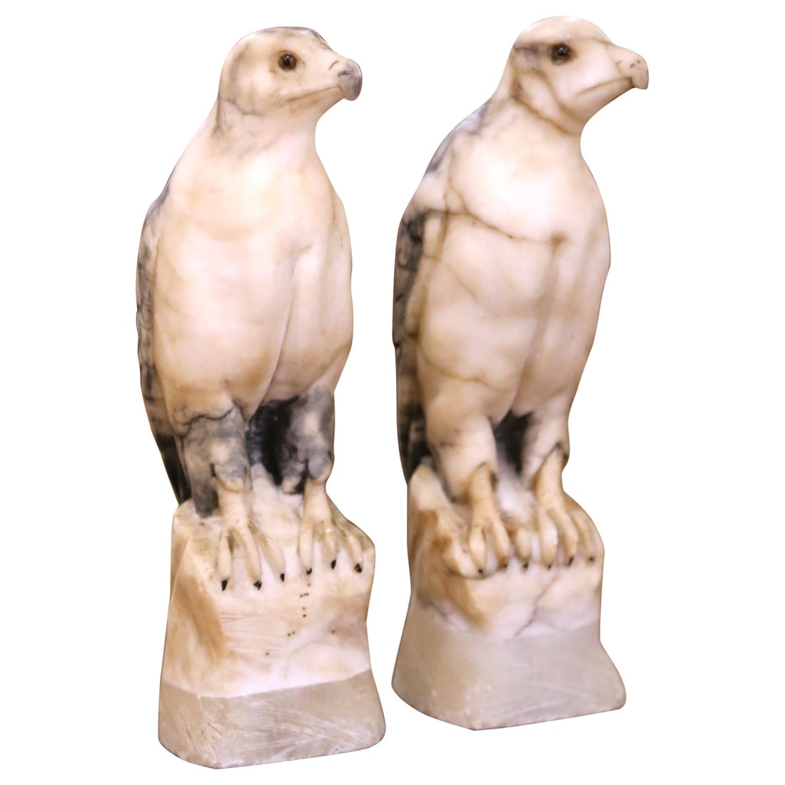 Set of 2 19th Century French Hand-Carved Marble Eagle Sculptures: Set of 2 19th Century French Hand-Carved Marble Eagle Sculptures This exquisite pair of 19th Century French carved marble eagle sculptures showcases the majestic beauty of these birds in a decorative 