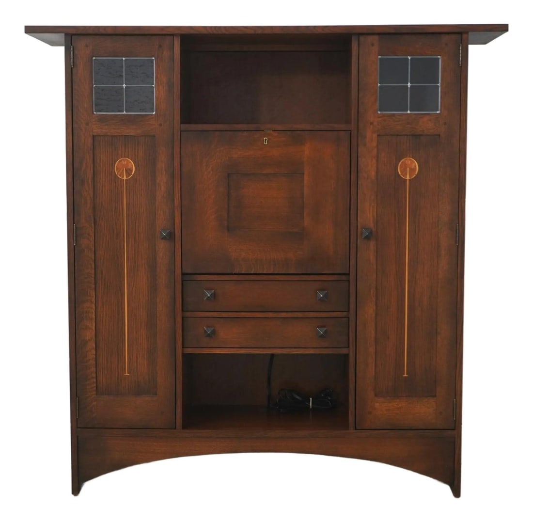 Mission Style Oak Bookcase with Fall Front and Harvey Ellis Floral Inlay: Mission Style Oak Bookcase with Fall Front and Harvey Ellis Floral Inlay This Stickley Mission Oak Harvey Ellis Inlaid Fall Front Bookcase features a classic Arts & Crafts design with floral inlay acc