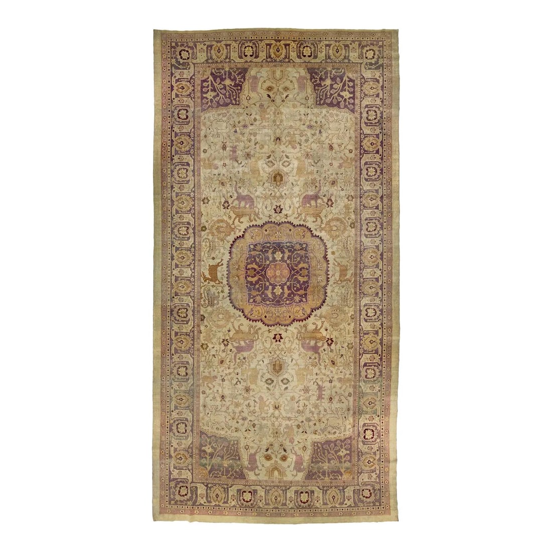 Antique Agra Wool Rug 1890s Medallion Floral Design 10'5 x 21'1: Antique Agra Wool Rug 1890s Medallion Floral Design 10'5 x 21'1 This exquisite antique Agra wool rug, dating back to the 1890s, features a stunning medallion floral design enriched by shades of purple