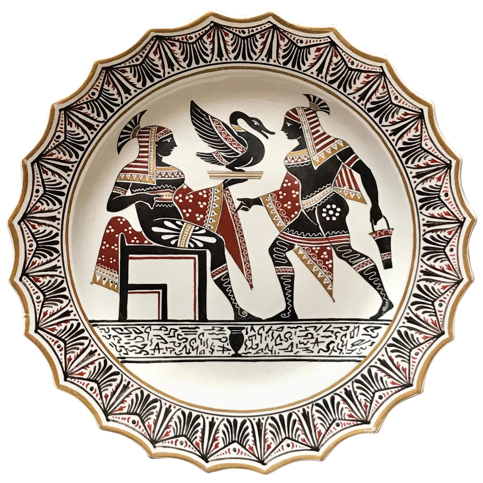 Giustiniani 19th Century Egyptomania Pottery Plate with Gilt Urn: Giustiniani 19th Century Egyptomania Pottery Plate with Gilt Urn This exquisite Giustiniani Egyptomania pottery plate features striking gilt highlights and showcases a central urn design. With a diame