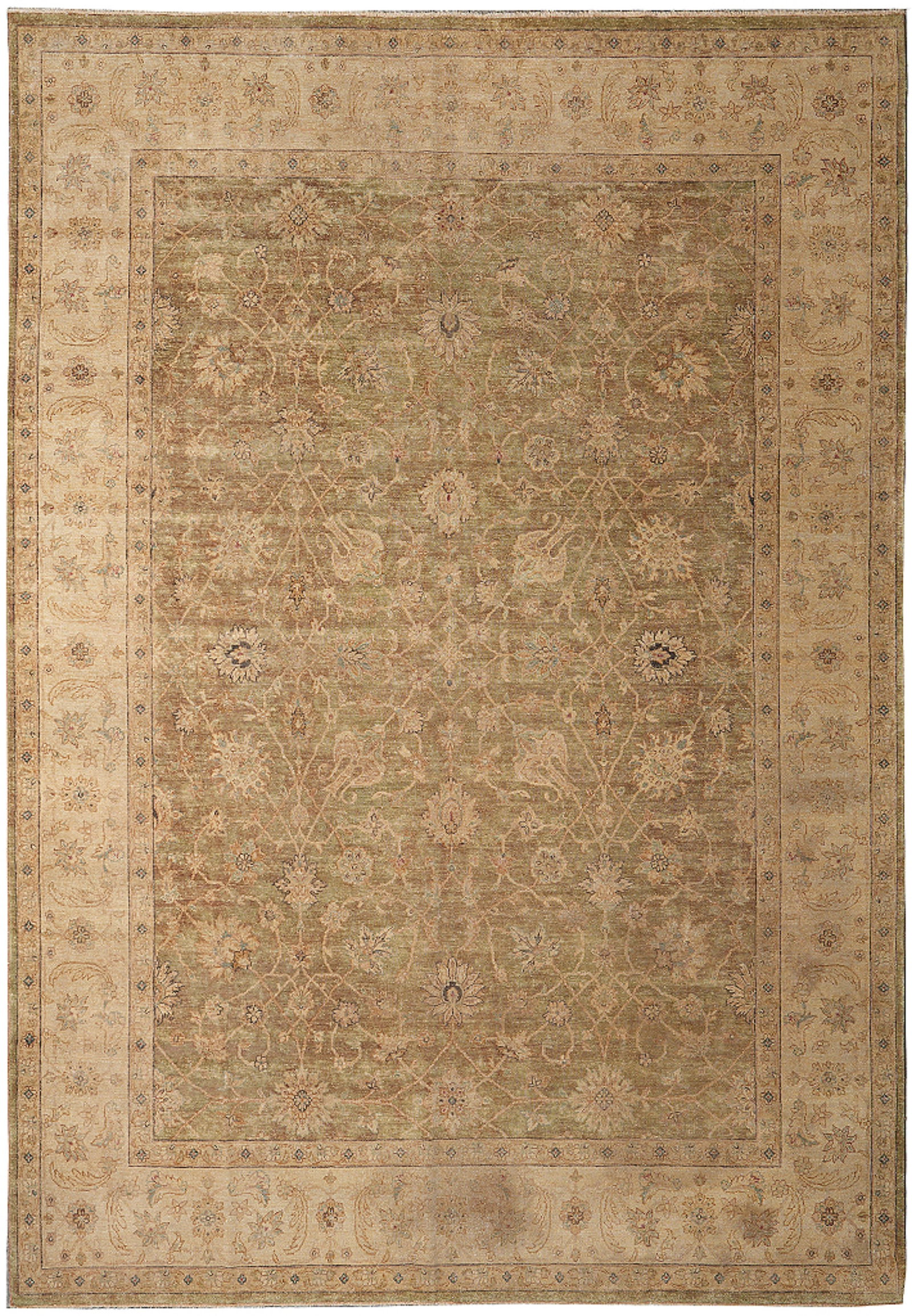 Chobi Peshawar Zigler Rug 108 in x 139 in Hand-Knotted Natural Wool: Chobi Peshawar Zigler Rug 108 in x 139 in Hand-Knotted Natural Wool Free continental US Shipping This warm neutral Chobi Peshawar Zigler area rug is hand-knotted in Pakistan with a natural wool pile. 