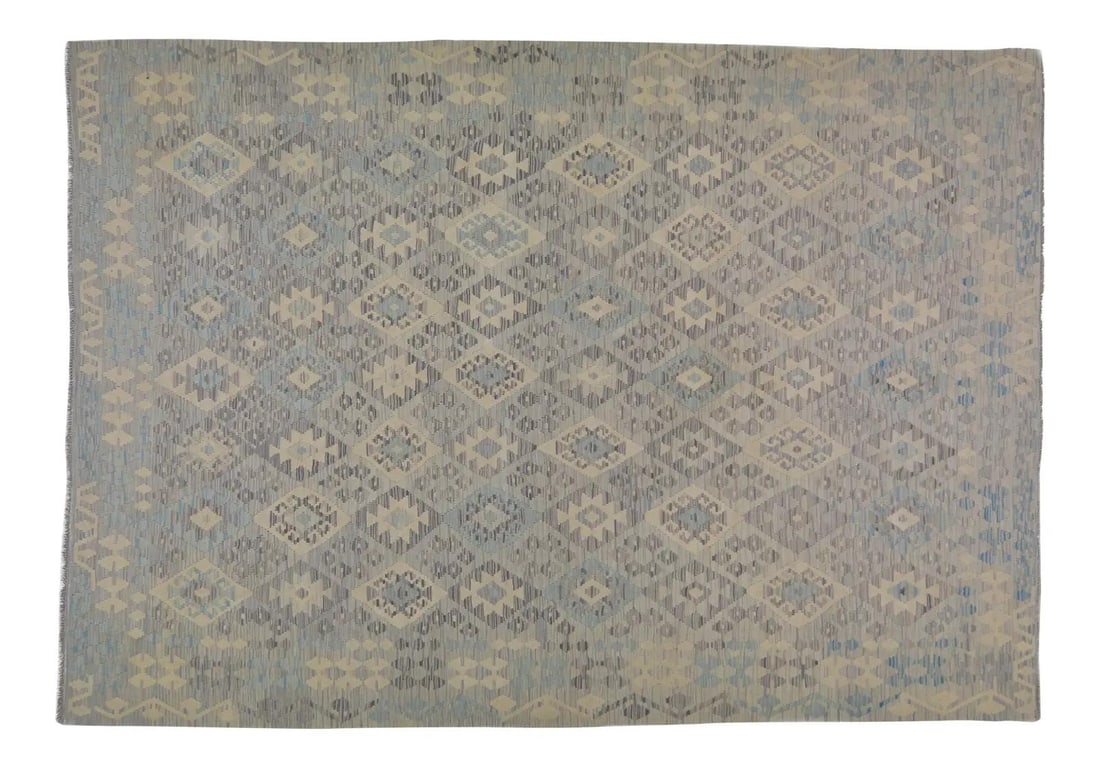 Vintage Maimana Wool Kilim Rug With Geometric Motif 6'10" x 9'6": Vintage Maimana Wool Kilim Rug With Geometric Motif 6'10" x 9'6" This vintage Afghan Maimana kilim is hand woven using organic wool and features natural colors with a geometric pattern. The rug comes 