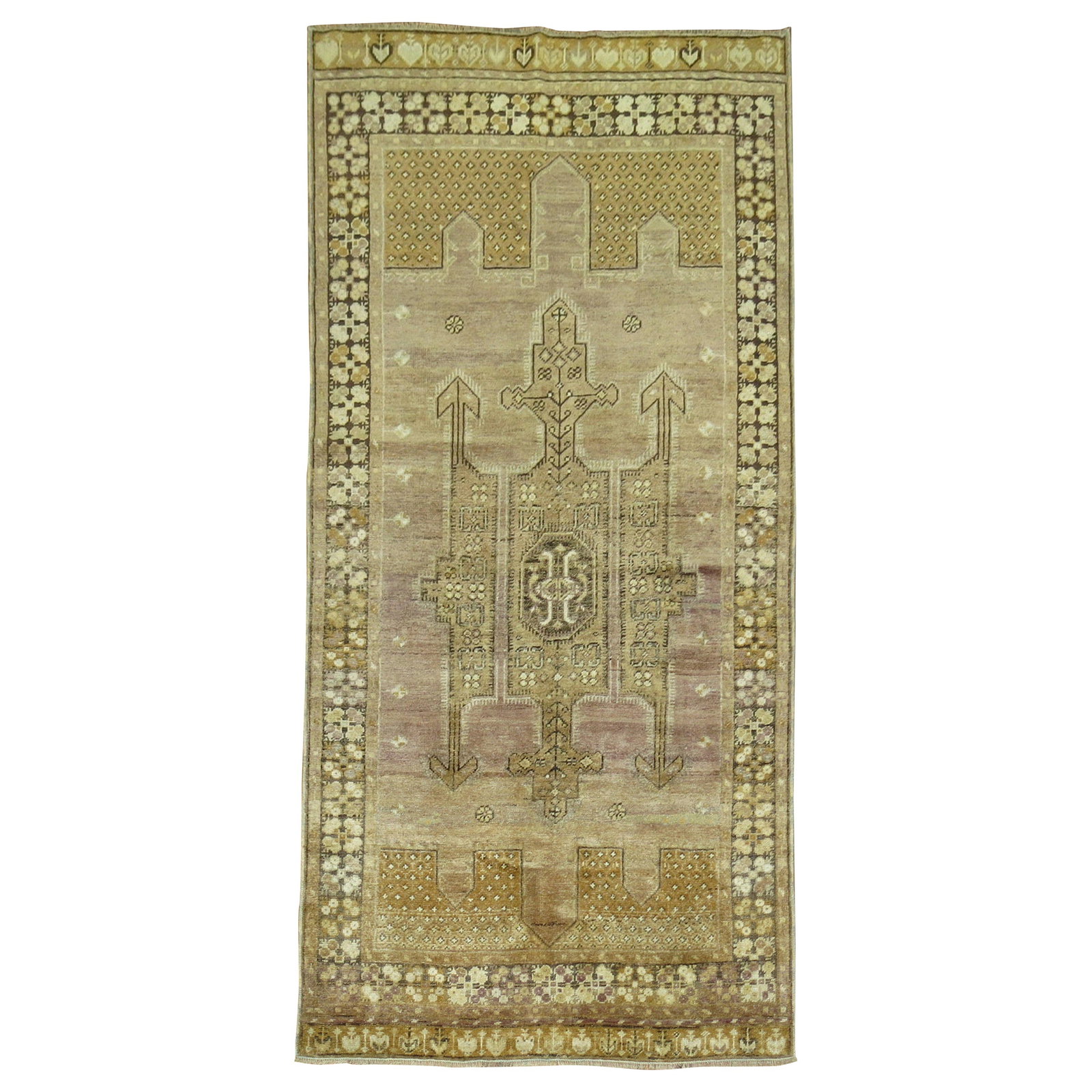 Mid-20th Century Hand-Knotted Turkish Anatolian Wool Rug 3'8'' x 7'5'': Mid-20th Century Hand-Knotted Turkish Anatolian Wool Rug 3'8'' x 7'5'' This exquisite Vintage Turkish Anatolian Rug showcases a beautiful lavender and bronze color palette, reflecting the artistry of 
