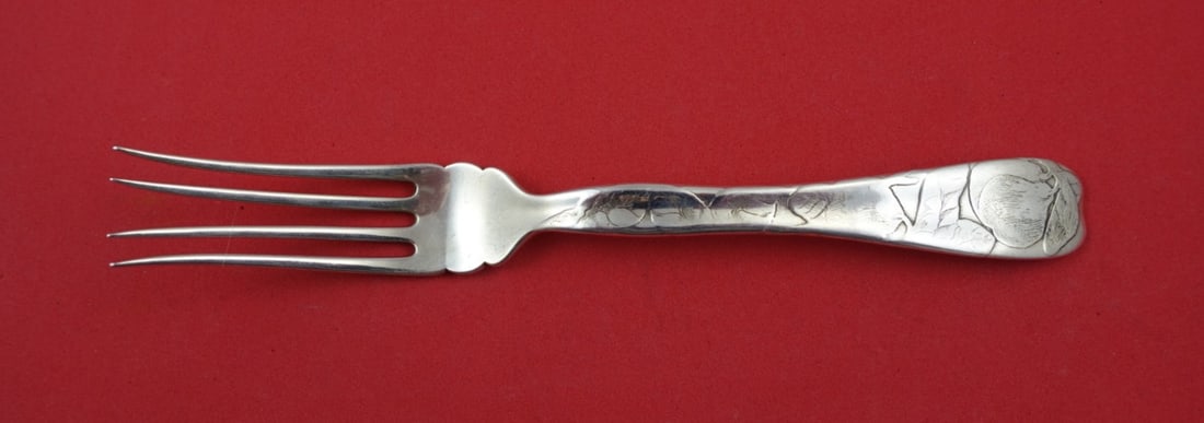 Tiffany Sterling Silver 7 Lap Over Edge Fork with Pears: Tiffany Sterling Silver 7 Lap Over Edge Fork with Pears This exquisite 7-inch baked potato fork showcases the elegant Lap Over Edge Acid Etched pattern by Tiffany & Co. Crafted from sterling silver, t