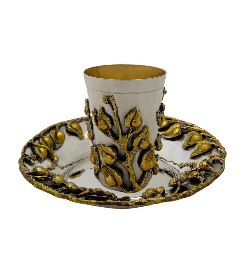 Italian 925 Sterling Silver Gold Enamel 3D Leaf Cup & Tray (1 of 4)