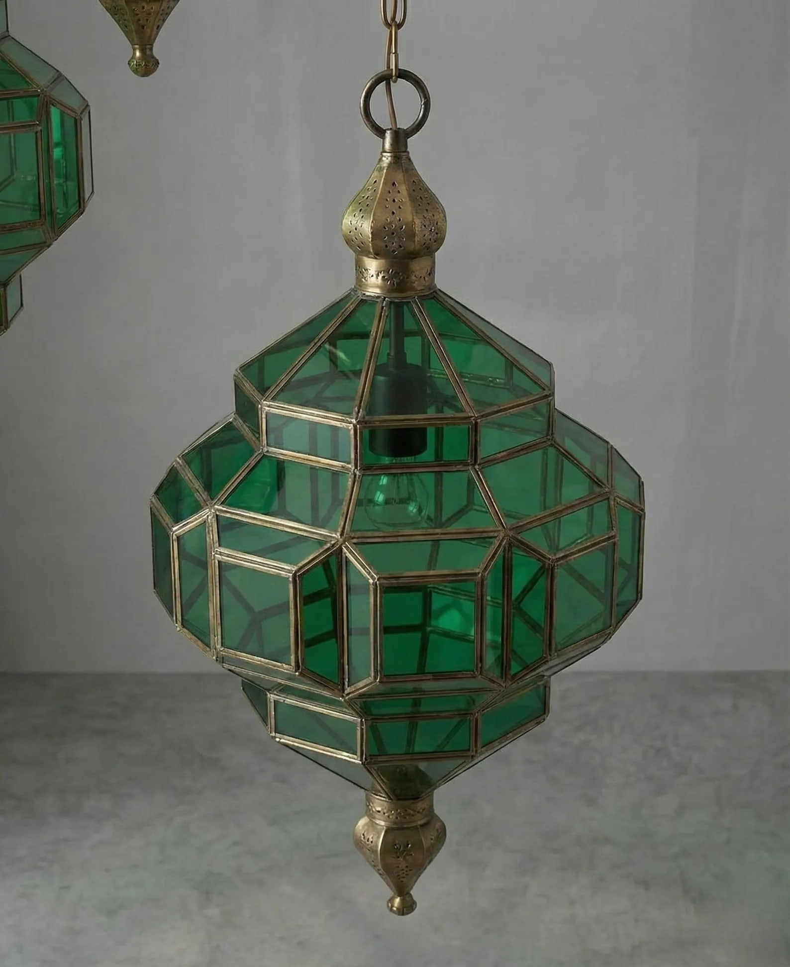 Moroccan Brass Lantern with Green Glass Pendant Wall Light (1 of 12)