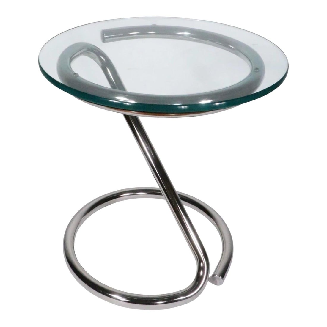 Glass Top Side Table with Tubular Chrome Base Space Age 1960s: Glass Top Side Table with Tubular Chrome Base Space Age 1960s Mid Century Space Age vintage side table with a chic tubular chrome base and glass top. The piece is described as being in excellent, orig