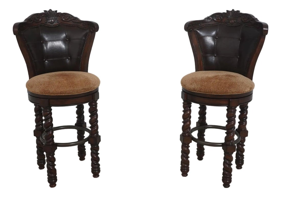 Set of Two Mahogany Swivel Bar Stools with Tooled Leather Backs (1 of 10)