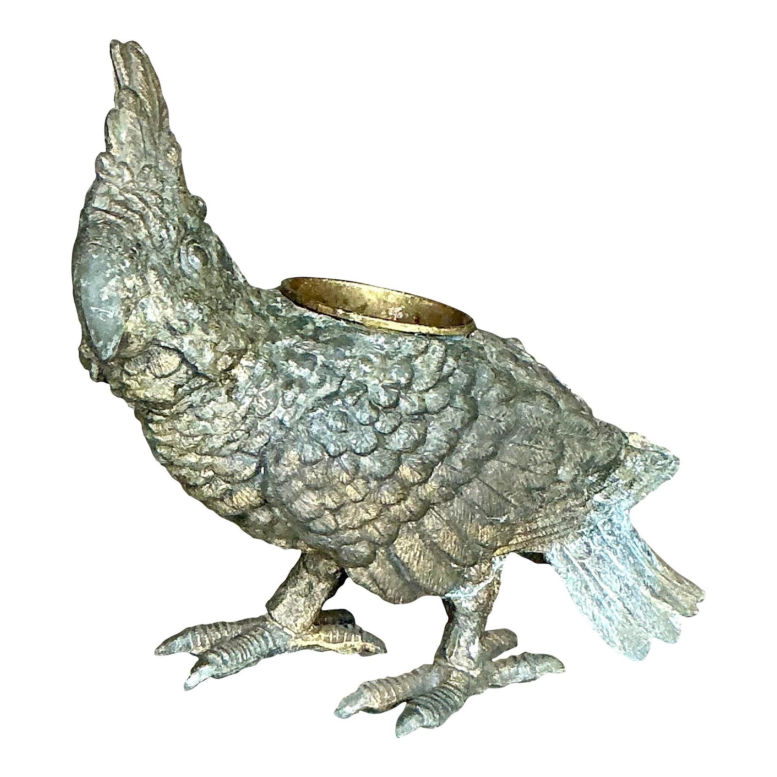 Vintage Patinated Metal Parrot Candle Holder Boho Decor: Vintage Patinated Metal Parrot Candle Holder Boho Decor This enchanting vintage candle holder features a beautifully detailed parrot expertly cast in metal, showcasing a rich, patinated finish that en