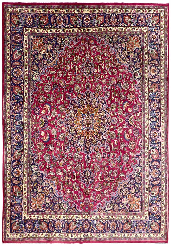 9.5 x 12.3 Semi Antique Persian Mashhad Area Rug: 9.5 x 12.3 Semi Antique Persian Mashhad Area Rug Free continental US Shipping Enhance your living space with this exquisite semi-antique Persian Mashhad rug, measuring 9.5 x 12.3 feet. This stunning p