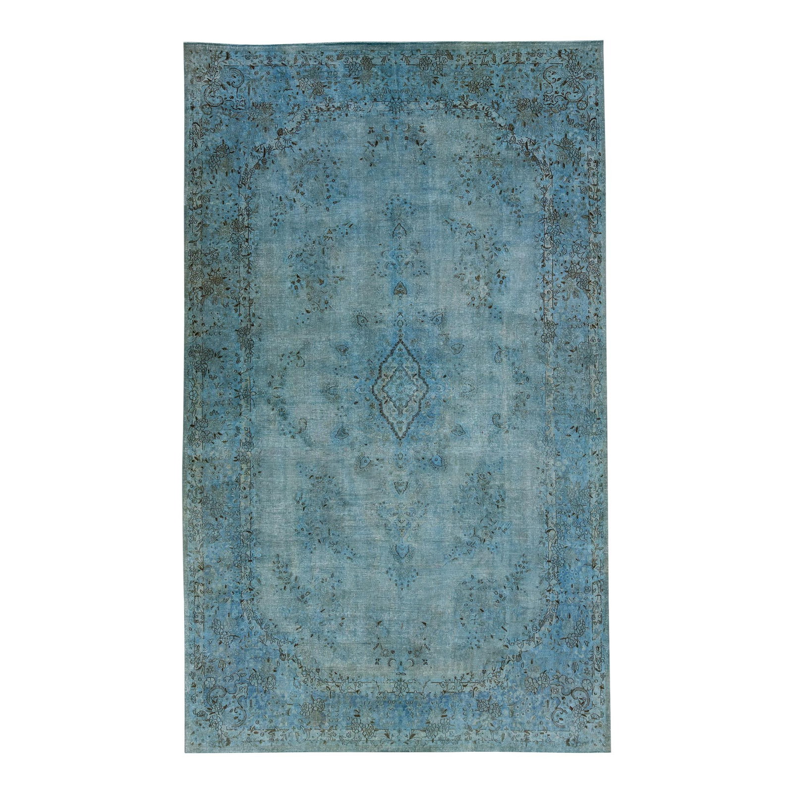 Vintage Persian Overdyed Medallion Blue Wool Rug 9'8 x 16'3: Vintage Persian Overdyed Medallion Blue Wool Rug 9'8 x 16'3 This stunning Vintage Persian Overdyed rug features a beautiful hand-knotted wool construction with a rich blue field. The design showcases 