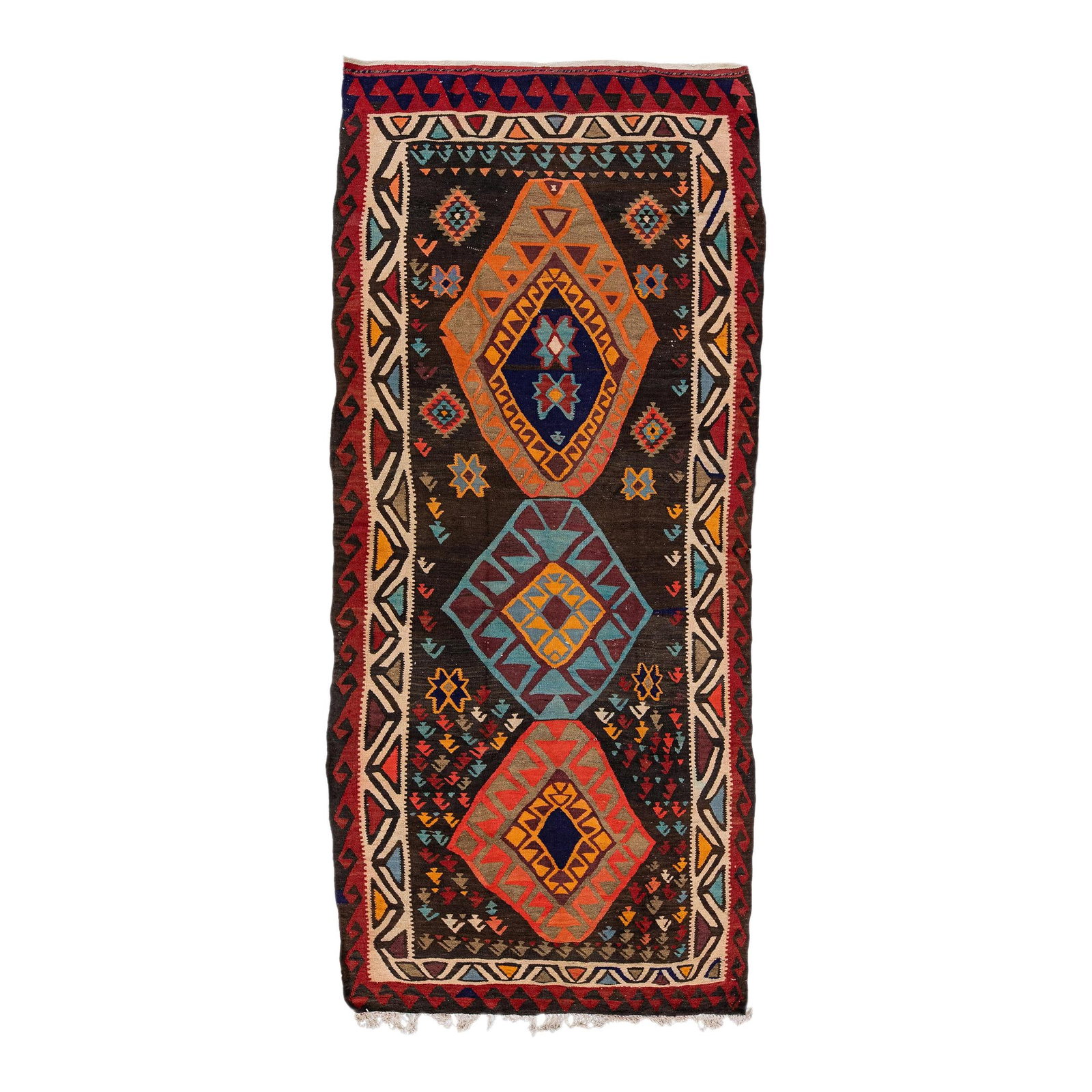 1960s Vintage Turkish Kilim Multicolor Wool Rug 4'8 x 10'2: 1960s Vintage Turkish Kilim Multicolor Wool Rug 4'8 x 10'2 Discover the charm of this beautiful vintage Turkish Kilim rug, meticulously hand-knotted from wool. Featuring an eye-catching orange field f
