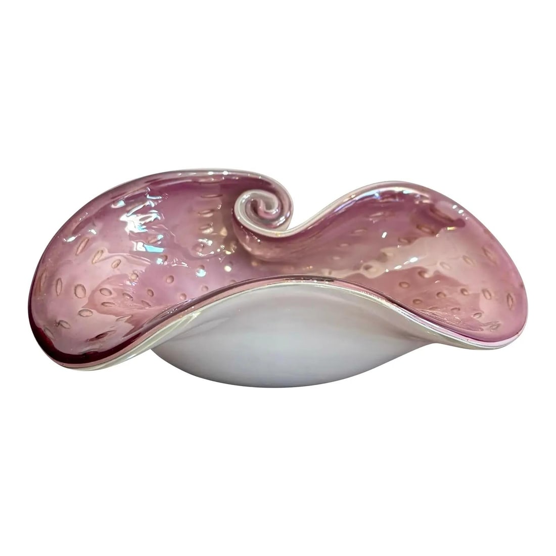Mauve Art Glass Bowl Inspired by Murano Design: Mauve Art Glass Bowl Inspired by Murano Design This vintage boho art glass bowl features a soft lilac dome with delicate gold bubbles and a pearlescent white base that twists gracefully, creating a sc
