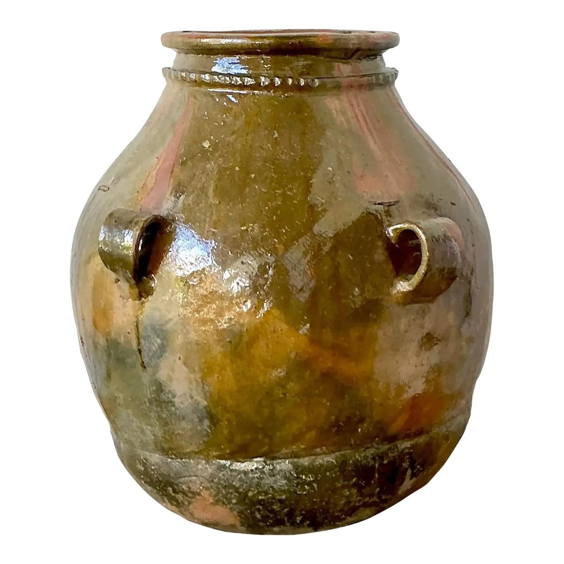 Large Glazed Terra Cotta Urn With Olive and Terracotta Tones: Large Glazed Terra Cotta Urn With Olive and Terracotta Tones This monumental vintage ceramic urn features a generous, bulbous silhouette and is finished in a rich, multi-tonal glaze with deep olive, e