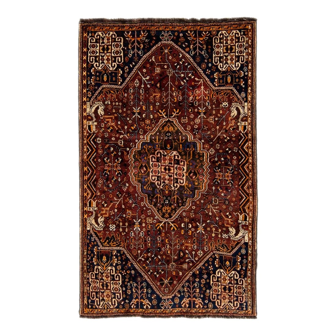 Antique Persian Shiraz Handmade Wool Rug Geometric Medallion Rust: Antique Persian Shiraz Handmade Wool Rug Geometric Medallion Rust This exquisite Vintage Shiraz Handmade Wool Rug features a captivating all-over rust field adorned with a stunning geometric medallion