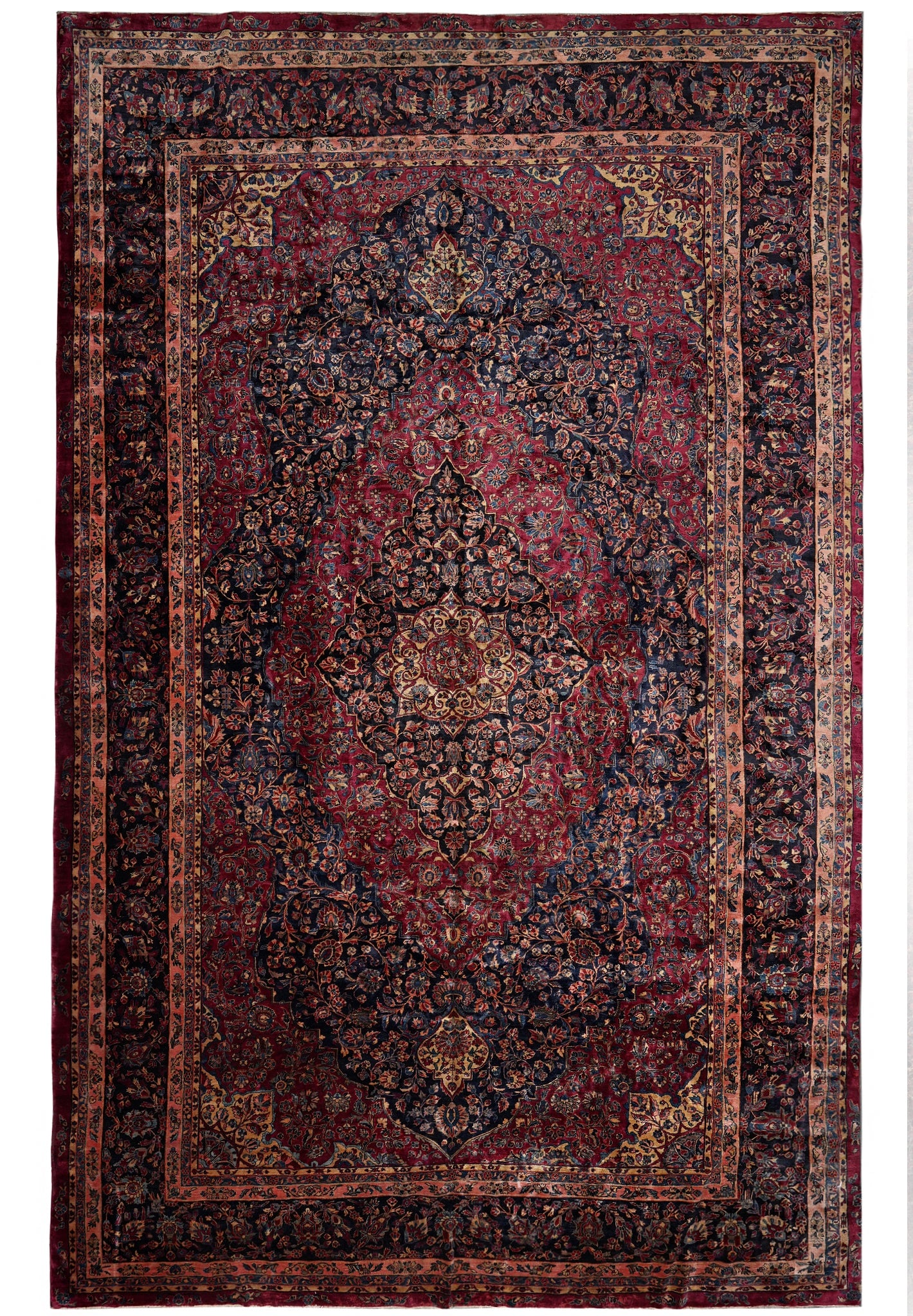 12.7 x 19.5 ft Antique Persian Kerman Rug Burgundy Blue 1930s Hand Knotted Wool (1 of 13)