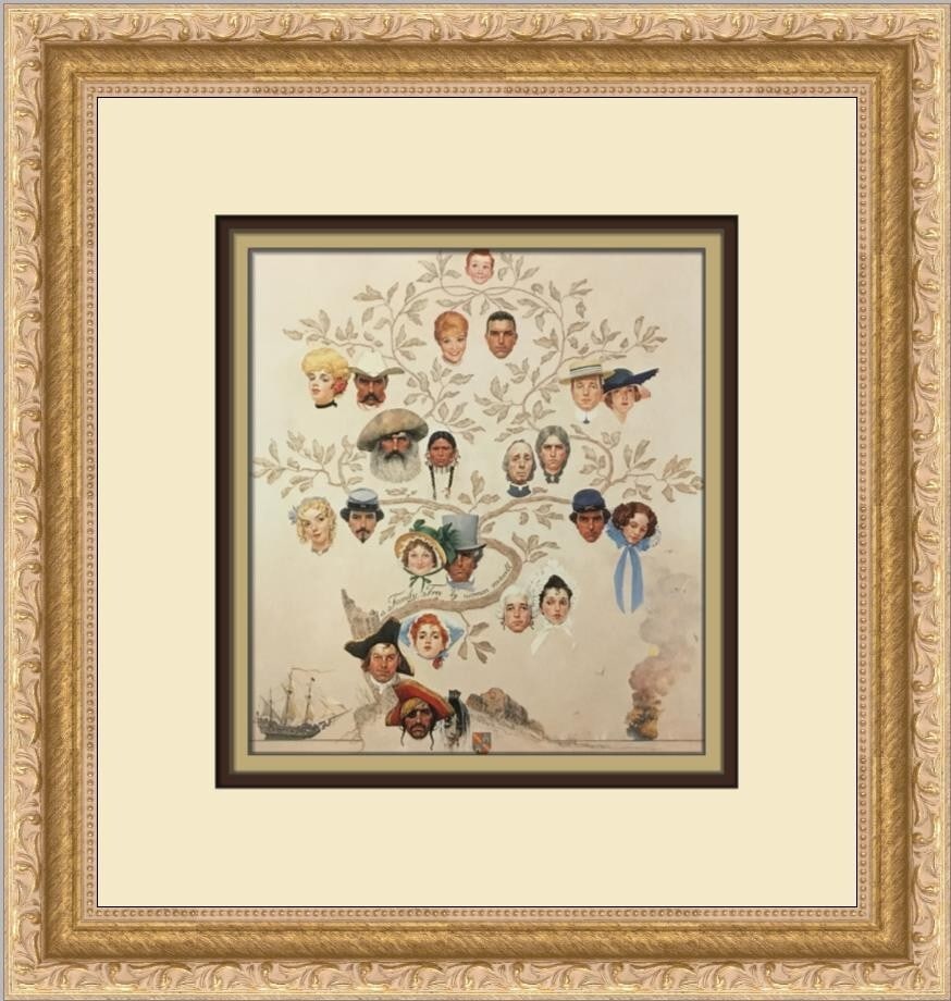 Norman Rockwell Family Tree Custom Framed Print 1986: Norman Rockwell Family Tree Custom Framed Print 1986 This exquisite custom framed print titled 'Family Tree' by renowned artist Norman Rockwell captures the essence of family in a realistic style. Pro