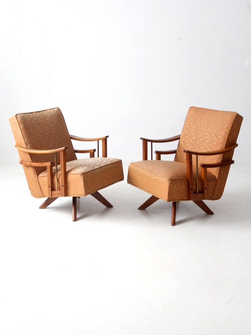 Pair of Vintage Mid-Century Swivel Rocking Lounge Chairs with Wood and Brass Accents (1 of 18)