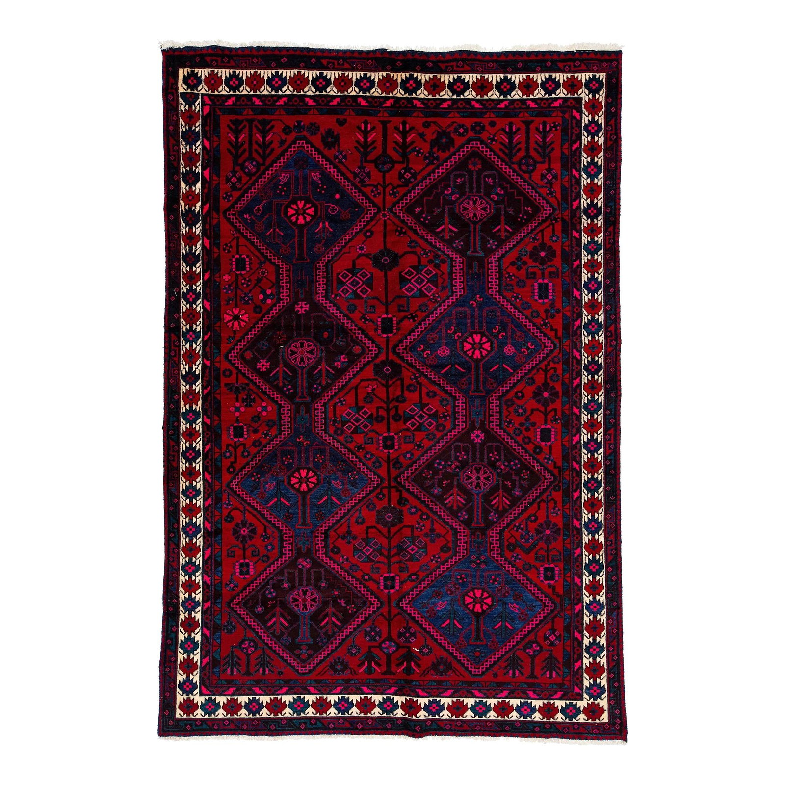 1960s Persian Shiraz Handmade Wool Rug Red Blue Tribal Design 6'6 x 9'5: 1960s Persian Shiraz Handmade Wool Rug Red Blue Tribal Design 6'6 x 9'5 Enhance your space with this exquisite hand-knotted Persian Shiraz wool rug from the 1960s. Featuring a vibrant tribal design in